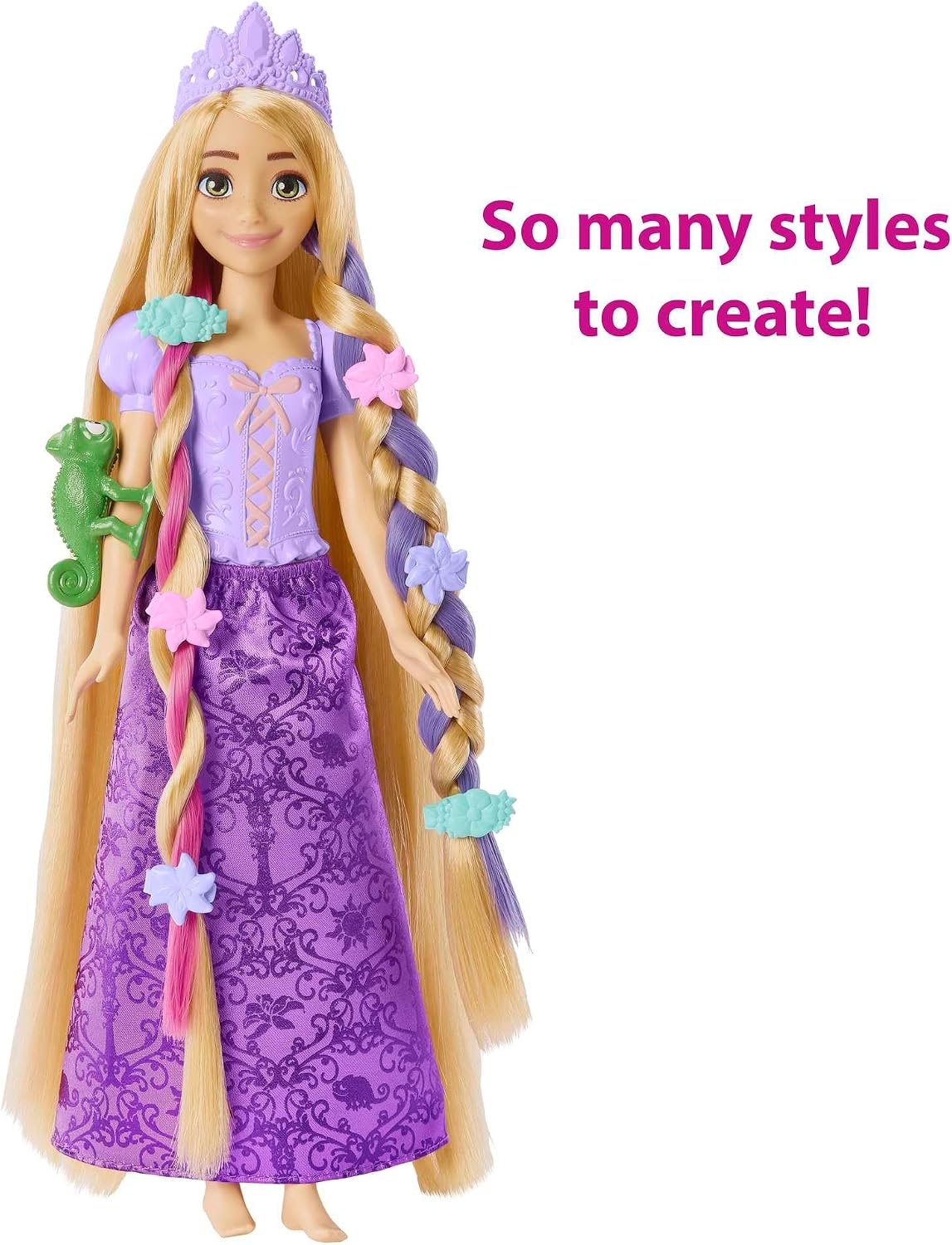 Boneca Rapunzel Disney Princess com apliques de cabelo que mudam de cor e acessórios de penteado
