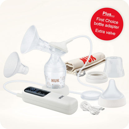 NUK  Bomba tira leite elétrica macia e fácil | Copos macios 100 por cento de silicone | Pequeno, leve, silencioso | Bateria recarregável para viagens | Copos de 24 mm e 27 mm | 1 x mamadeira de combinação ideal