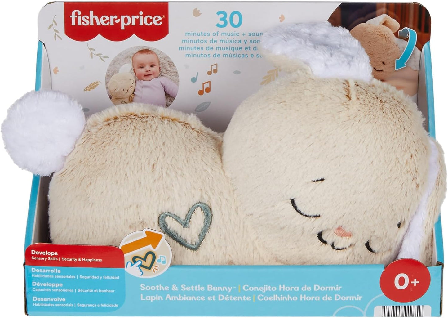 Fisher-Price Máquina de som para bebês acalma e acalma o brinquedo de pelúcia portátil do coelho com música, luzes e movimento para recém-nascidos