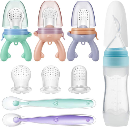 PandaEar Kit com 3 Chupetas e Mordedores para Alimentação de Frutas Frescas para Bebês | Colher Dosadora de Alimentos (1 Unidade) | 3 Sachês de Silicone Macios, Seguros e Livres de BPA para Alimentos | 2 Colheres Macias