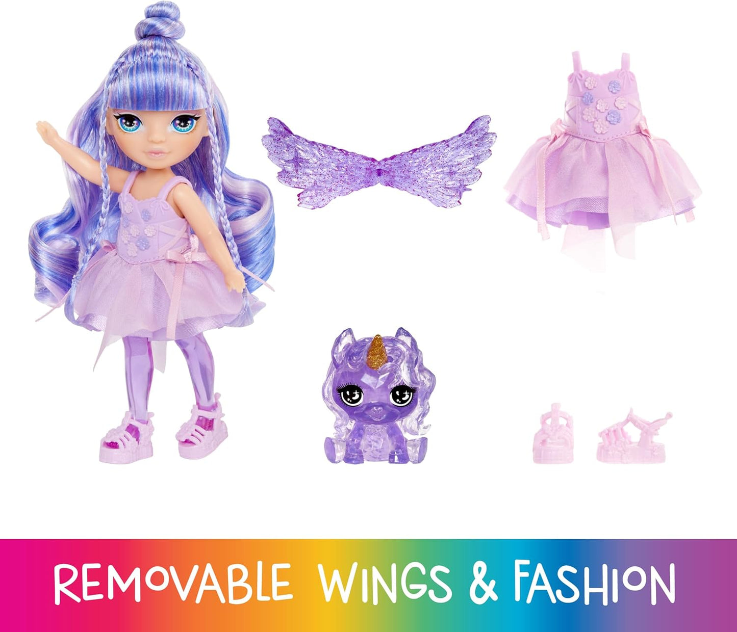 Rainbow High Littles Fadas Fantasia Arco-Íris e Bichinho de Estimação - Ametista, Roxo - Boneca Pequena Articulada de 14cm e Unicórnio Pégaso de Estimação Fantástico com Asas de Fada Intercambiáveis, Presente Adorável para Crianças a partir de 4 Anos