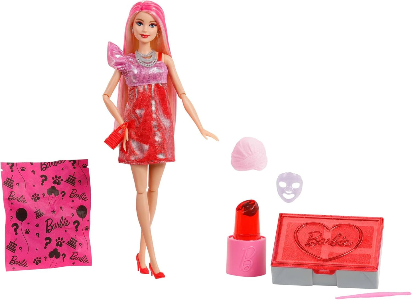 Barbie Festa sem Caixa: Boneca e Acessórios, Série Festa Glamour com 10 Surpresas, Incluindo Boneca Vermelha Brilhante que Muda de Cor, JFY68