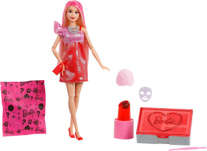 Barbie Festa sem Caixa: Boneca e Acessórios, Série Festa Glamour com 10 Surpresas, Incluindo Boneca Vermelha Brilhante que Muda de Cor, JFY68