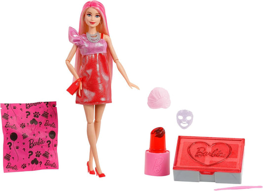 Barbie Festa sem Caixa: Boneca e Acessórios, Série Festa Glamour com 10 Surpresas, Incluindo Boneca Vermelha Brilhante que Muda de Cor, JFY68