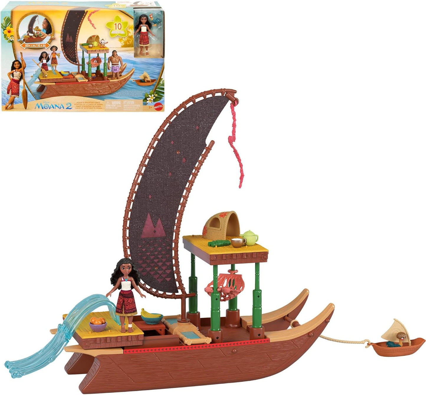 Mattel Conjunto Disney Moana 2 – Canoa de Aventura que Flutua | Boneca pequena articulada da Moana com saia removível, figura do animal Heihei, 6 áreas de brincar e 10 acessórios, JBT54