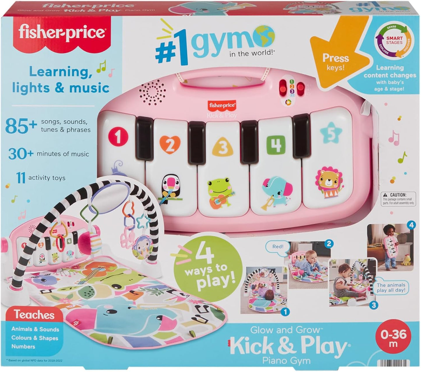 Fisher-Price Tapete de Atividades para Bebês: Brilha e Cresce, Piano e Ginásio para Chutar e Brincar, Brinquedo Musical Portátil com Aprendizado Inteligente, para Bebês a partir de 0 Meses, Rosa, Versão em Inglês (Queensland), HYH63