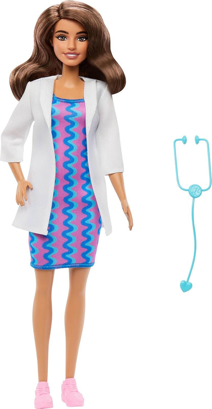 Barbie Profissões Médicas - Boneca Fashion com Roupa Removível: Jaleco Branco, Vestido e Sapatos, Além de Estetoscópio como Acessório, JKF76