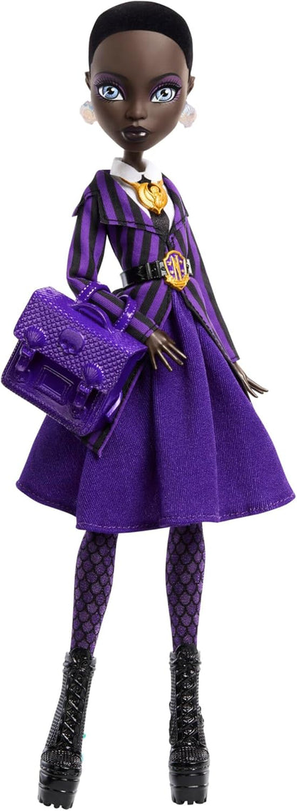 Monster High Boneca e acessórios x Wednesday, Bianca Barclay colecionável em uniforme da Academia Nevermore com amuleto da Sereia, mochila e suporte para boneca, JDR71