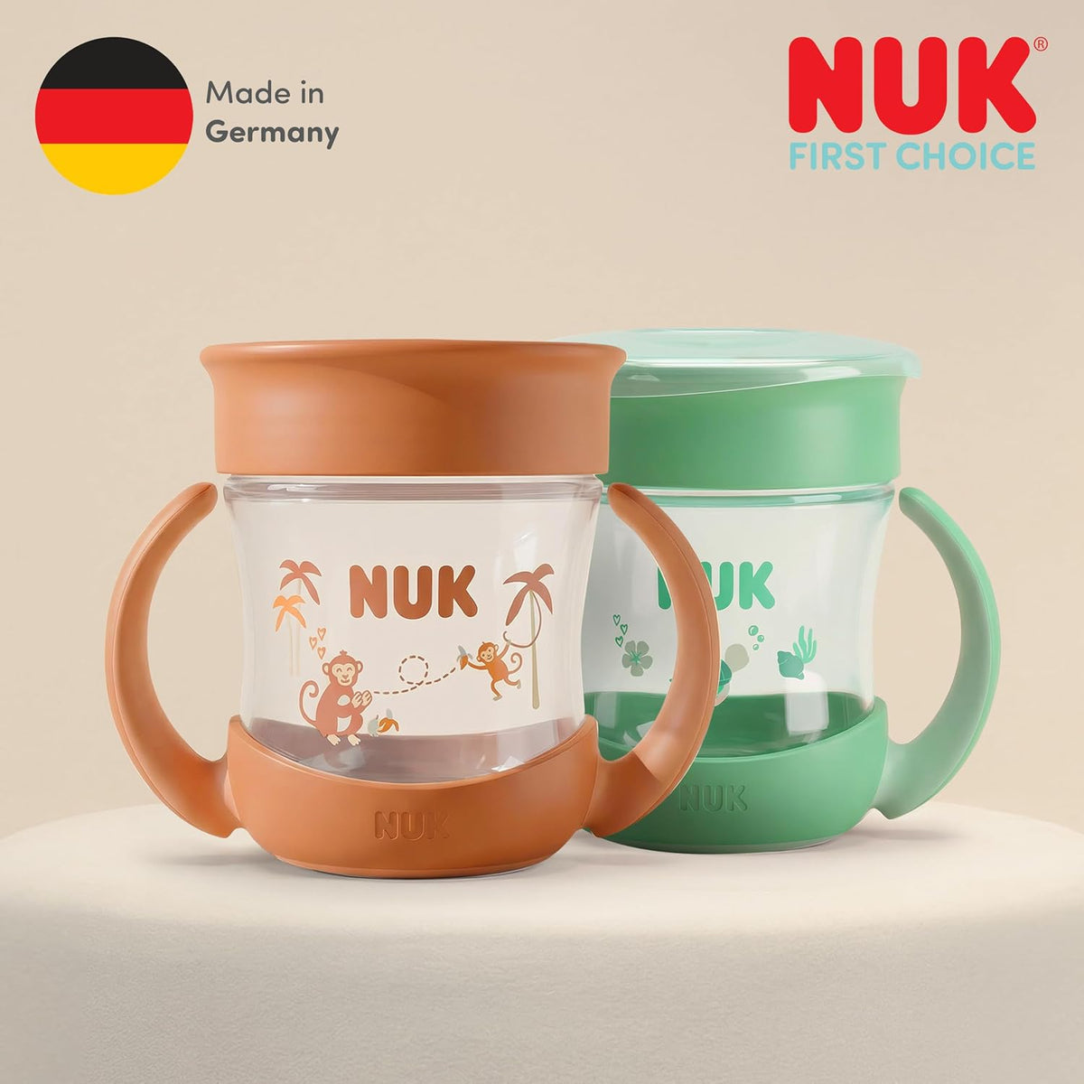 NUK Conjunto de Copos Mini Magic Cup | 6+ meses | 160 ml | Borda 360° antivazamento | Copo de transição com alças antiderrapantes | Modelos padrão e que brilham no escuro | Temas Hipopótamo e Pinguim | Kit com 2 unidades