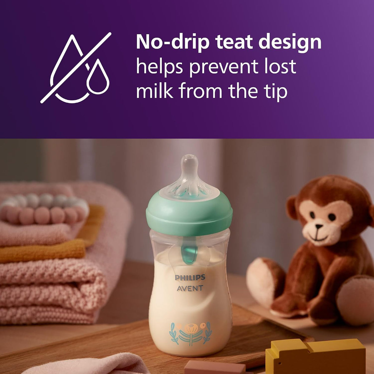 Philips Mamadeira Avent Natural Response com sistema de ventilação AirFree, 260 ml, com bico de fluxo médio (fluxo 3), estampa "Plantas da Floresta", SCY673/83