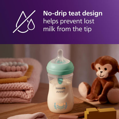 Philips Mamadeira Avent Natural Response com sistema de ventilação AirFree, 260 ml, com bico de fluxo médio (fluxo 3), estampa "Plantas da Floresta", SCY673/83