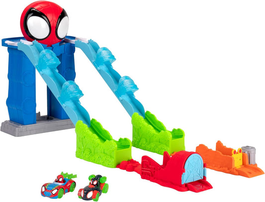 Homem-Aranha e seus Incríveis Amigos - Pista Mega Jump HQ do Homem-Aranha - Pista dupla de 99 cm com elevador, centro de controle, túneis de teia e dois veículos exclusivos da linha Amazing Metals.
