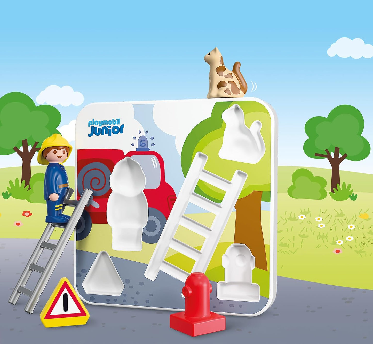 Playmobil | JUNIOR | JUNIOR: Quebra-cabeça de Bombeiro | Quebra-cabeça de madeira com bombeiro, gato e acessórios | Para crianças a partir de 1 ano | 72088