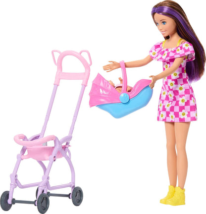 Barbie Conjunto Skipper Babysitters Inc. com boneca morena, boneca bebê loira, carrinho de bebê com cadeirinha removível e 7 acessórios, JJB42