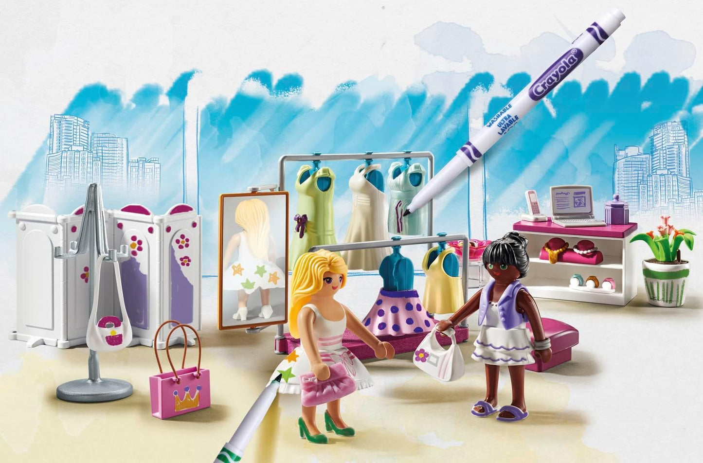 Playmobil 71372 Color Backstage, crie designs para diferentes estilos de roupas, com marcadores e acessórios solúveis em água, dramatizações divertidas e imaginativas, conjuntos de jogos artísticos adequados para crianças a partir de 5 anos