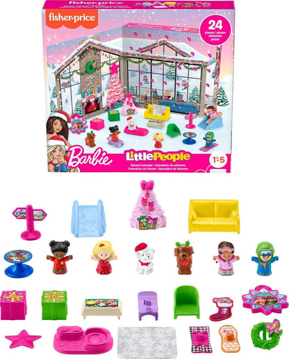 Fisher-Price Calendário do Advento da Barbie Little People da e conjunto de brinquedos para crianças, 24 bonecos de Natal e peças de brincar