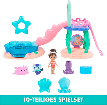 Gabby's Dollhouse, Piscina Purr-ific com figuras da Gabby e da MerCat e cozinha da Bakey com figura e 3 acessórios, 3 peças de mobiliário e 2 entregas. Brinquedos infantis para crianças a partir dos 3 anos.