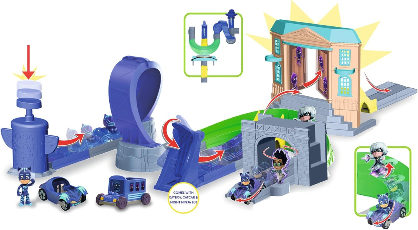PJ Masks Pista de Corrida Rival Racers Simba 109402229 com Looping, incluindo Catboy e seu Cat-Carro, o Ônibus Ninja e 25 peças de pista.