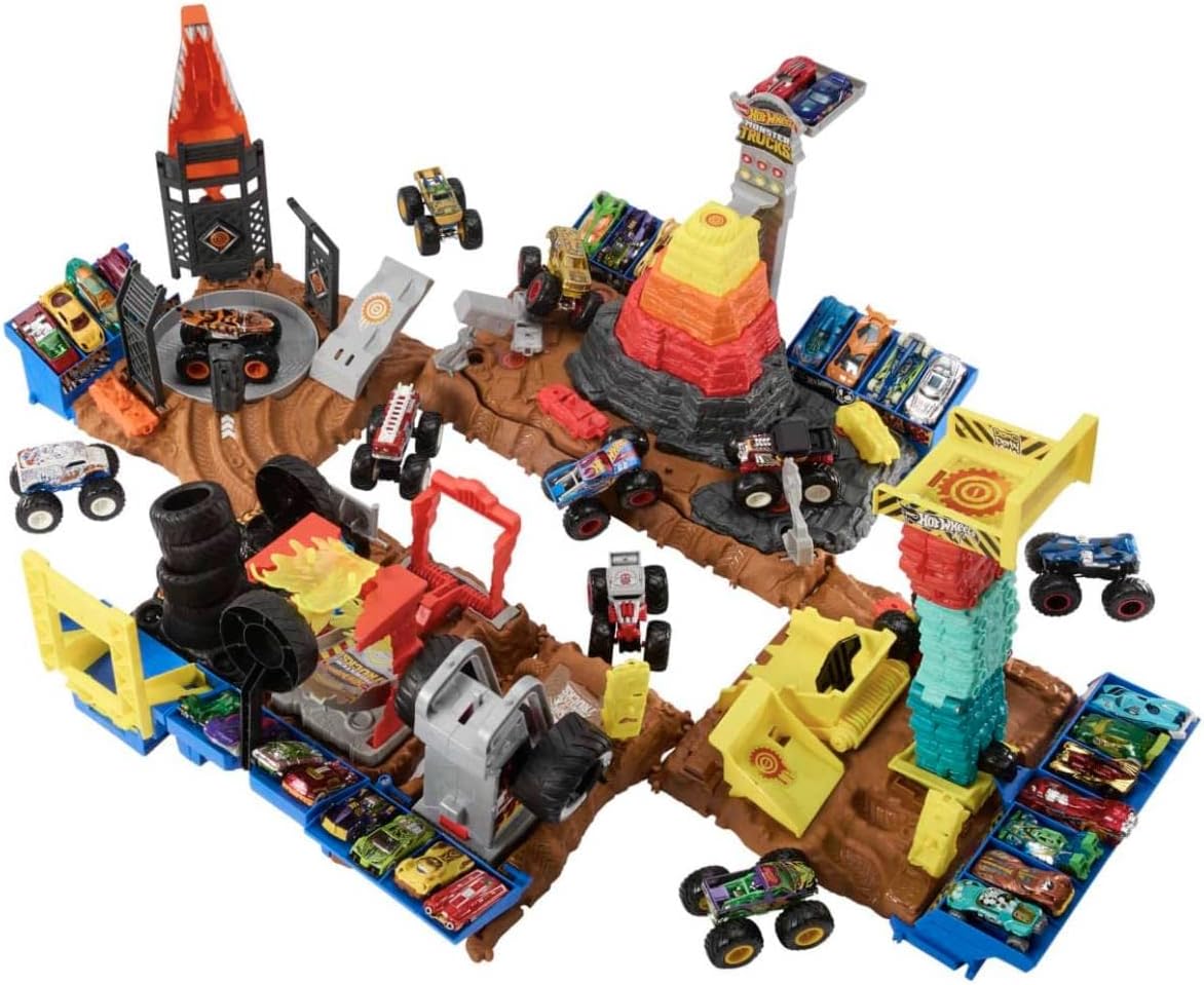 Hot Wheels Monster Trucks Arena Smashers Tiger Shark Spin-Out Challenge com um Tiger Shark em escala 1:64 e 2 carrinhos destrutíveis, HNB93