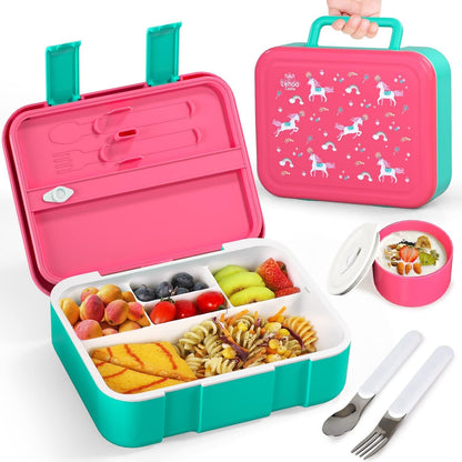 Lehoo Castle Lancheira infantil Bento, lancheira com 5 compartimentos, recipientes de almoço de 1,25L com pote de molho, colher e garfo para meninos e meninas, escola, à prova de vazamentos, sem BPA (dinossauro)