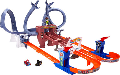 Hot Wheels RacerVerse Spider-Man’s Web-Slinging Speedway Track Set com Hot Wheels Racers Spider-Man e Black Panther, corrida de várias voltas para escapar do Doutor Octopus, HPL34