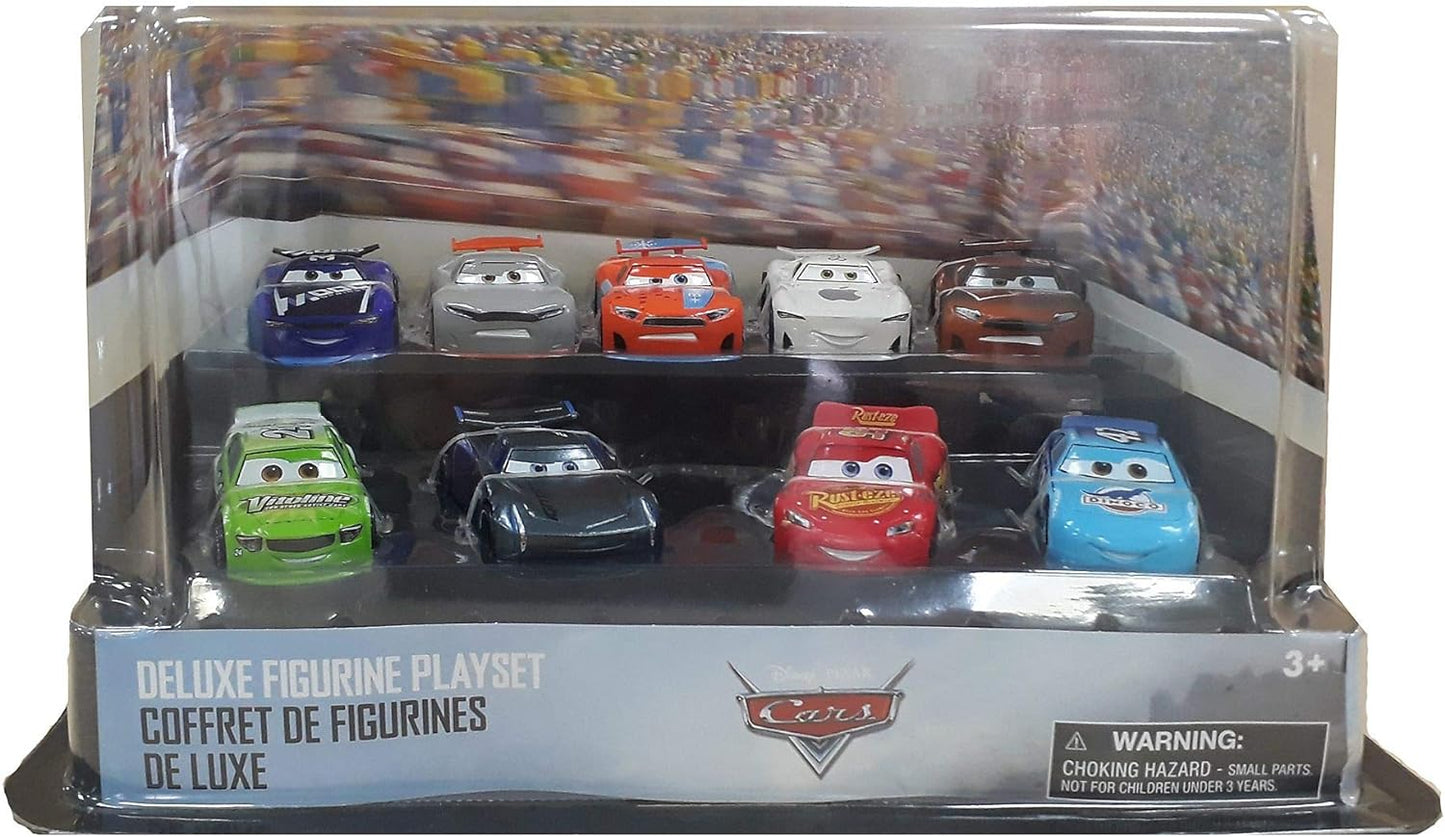 Set de juego oficial Pixar Cars Deluxe de Disney Store, 9 piezas, figuras detalladas de autos que incluyen Rayo McQueen, Jackson Storm y más, juguetes con arte colorido de personajes, apto para mayores de 3 años