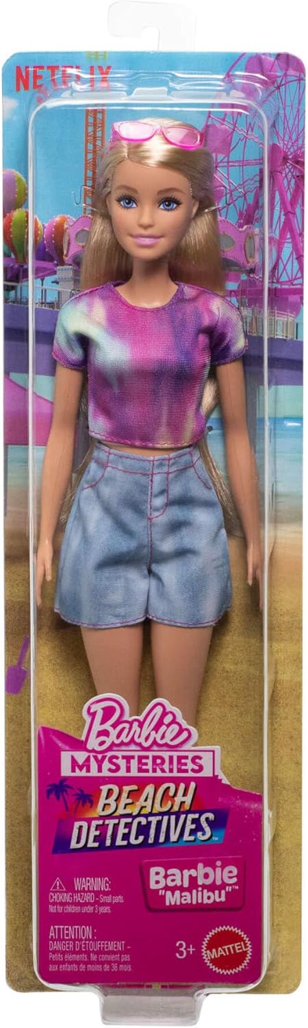 Barbie Mistérios: Detetives da Praia - Barbie "Malibu" - Boneca Fashion com Roupa Exclusiva Removível e Acessórios, Incluindo Óculos de Sol, JFV63