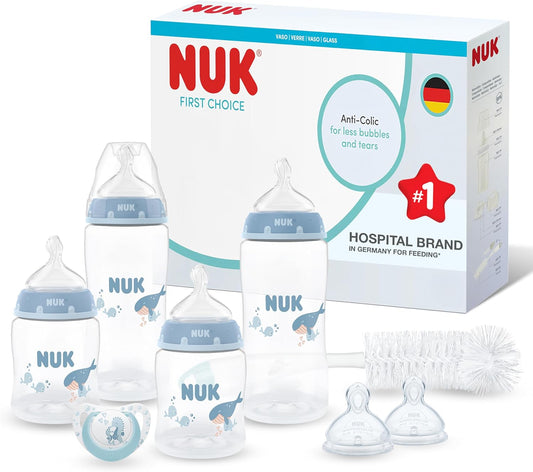 NUK Conjunto de Mamadeiras First Choice Perfect Start Newborn Essentials | 0-6 Meses | 4 Mamadeiras Anticólicas (150ml, 300ml), 2 Bicos, 1 Chupeta, 1 Escova de Mamadeira | Baleia | 8 unidades