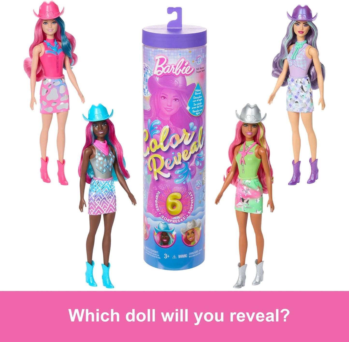 Barbie Boneca Color Reveal e acessórios com 6 surpresas, série Disco Star com brilho metálico e corpete que muda de cor (os estilos podem variar), JCP01