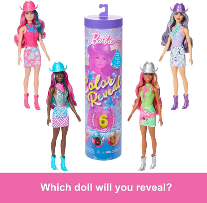 Barbie Boneca Color Reveal e acessórios com 6 surpresas, série Disco Star com brilho metálico e corpete que muda de cor (os estilos podem variar), JCP01