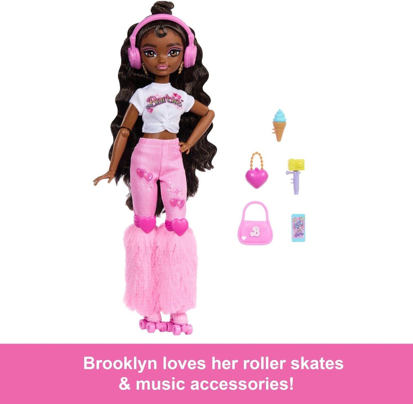 Barbie Dream Besties Boneca e Acessórios, Barbie “Brooklyn” Boneca Fashion Articulada de Patins com Cabelo Castanho Escuro, 9 Peças Temáticas de Música e Vídeo, JFX97