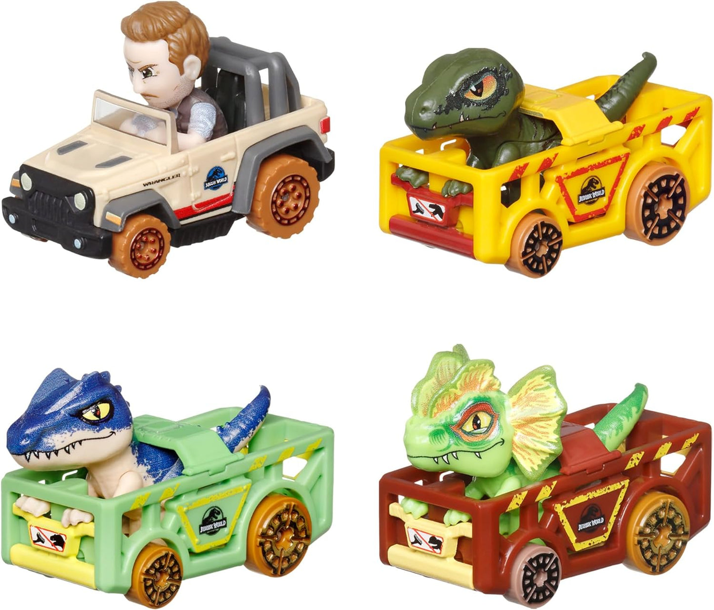 Hot Wheels Carros de brinquedo, RacerVerse 4 pacotes de veículos fundidos apresentando personagens do Jurassic World Charlie, Owen, Dilophosaurus e Allosaurus como motoristas, HKD32