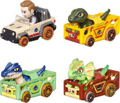 Hot Wheels Carrinhos RacerVerse com 4 veículos de metal fundido, apresentando os personagens de Jurassic World Charlie, Owen, Dilofossauro e Alossauro como pilotos, HKD32