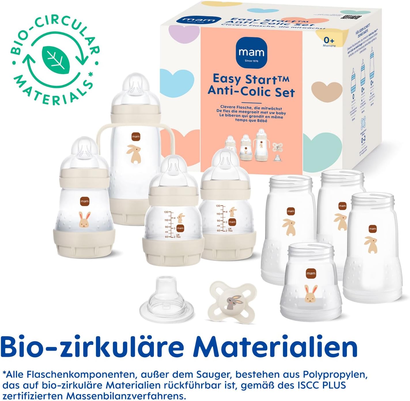 MAM Kit Inicial Anticólica Autoesterilizante Easy Start Unissex para Recém-Nascidos (0+ anos) com Mamadeira e Chupeta, incluindo Bicos Extra Pequenos para Leite Materno, Essenciais para Recém-Nascidos, Cor: Bege Creme Amêndoa