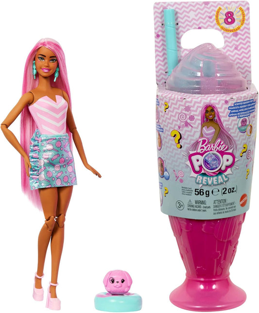 Barbie Pop Reveal Series - Boneca Fashion e Acessórios, Série Treat, Tema Sweet Swirl com Animal de Estimação, 8 Surpresas Incluindo Mudança de Cor, JFY62