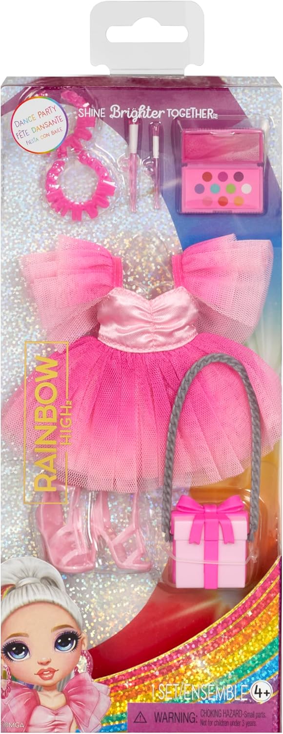 O Pacote Rainbow High Fashion, Festa Dançante, inclui 1 roupa completa para festa, sapatos de salto alto, joias e acessórios para brincar. Combine com outros pacotes para criar diversos looks divertidos. Brinquedo ideal para crianças de 4 a 12 anos.