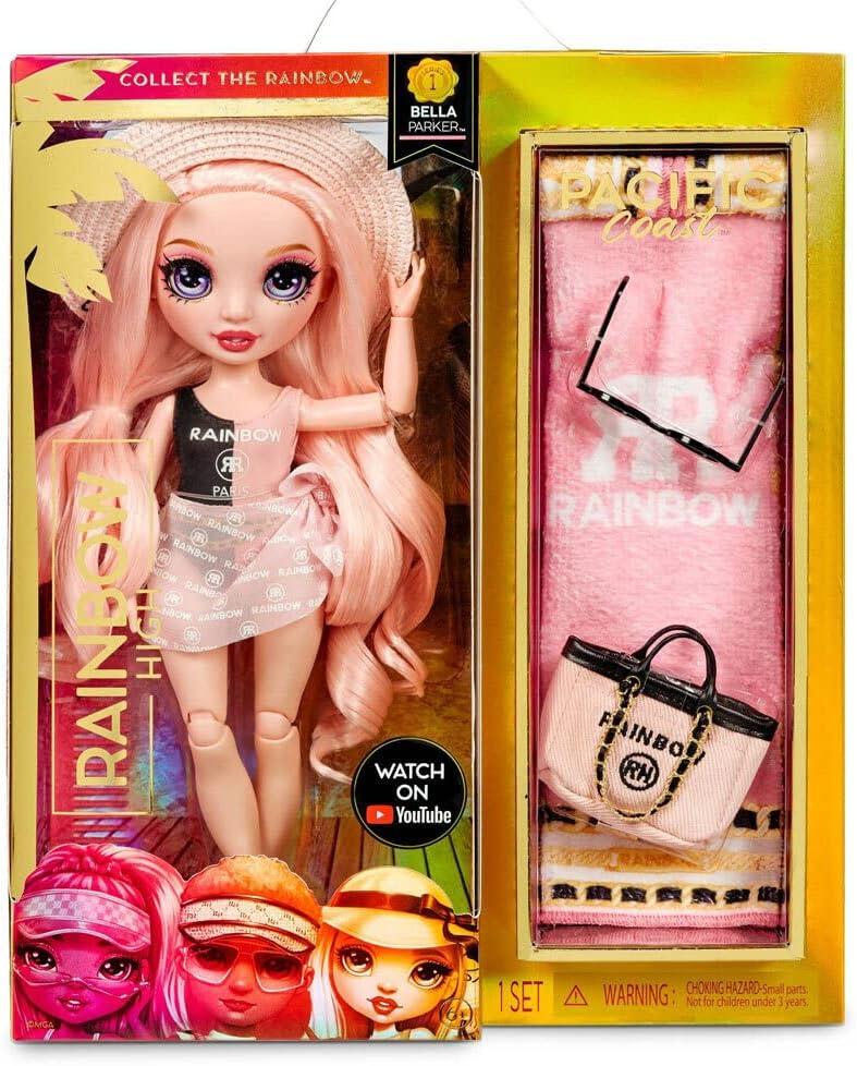 Rainbow High Pacific Coast - Bella Parker - Boneca Fashion Rosa com Roupa, Pernas Intercambiáveis e Suporte de Exibição - Inclui Toalha, Bolsa e Mais - Presente e Item de Colecionador para Crianças a partir de 6 Anos