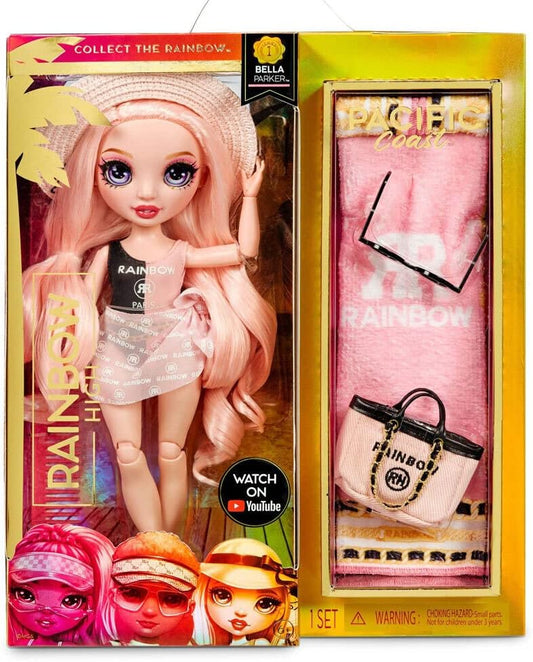 Rainbow High Pacific Coast - Bella Parker - Boneca Fashion Rosa com Roupa, Pernas Intercambiáveis e Suporte de Exibição - Inclui Toalha, Bolsa e Mais - Presente e Item de Colecionador para Crianças a partir de 6 Anos