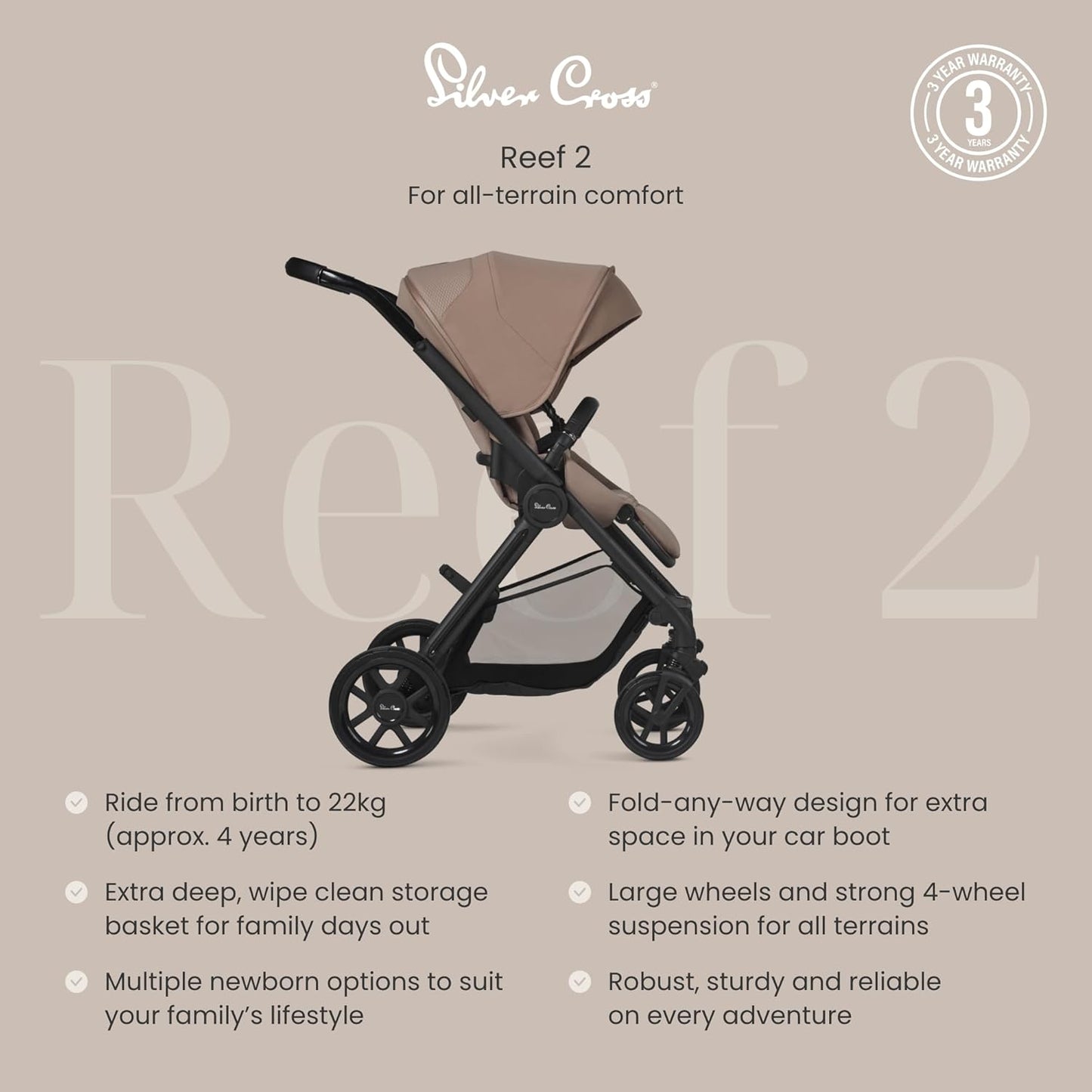 Silver Cross - Carrinho Reef 2 - Carrinho compacto e sistema de viagem para conforto todo-o-terreno - Recém-nascido até 4 anos (22kg) - Mocha