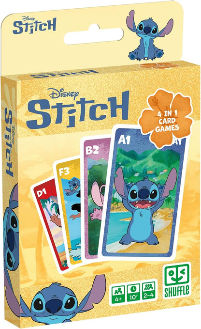 Shuffle Jogo de Cartas 4 em 1 do Stitch - 7 Famílias, Batalha, Memorando e Ação - Jogo de Cartas Disney Lilo & Stitch para Crianças, Família e Amigos - A partir de 4 anos - 2 Jogadores - Azul