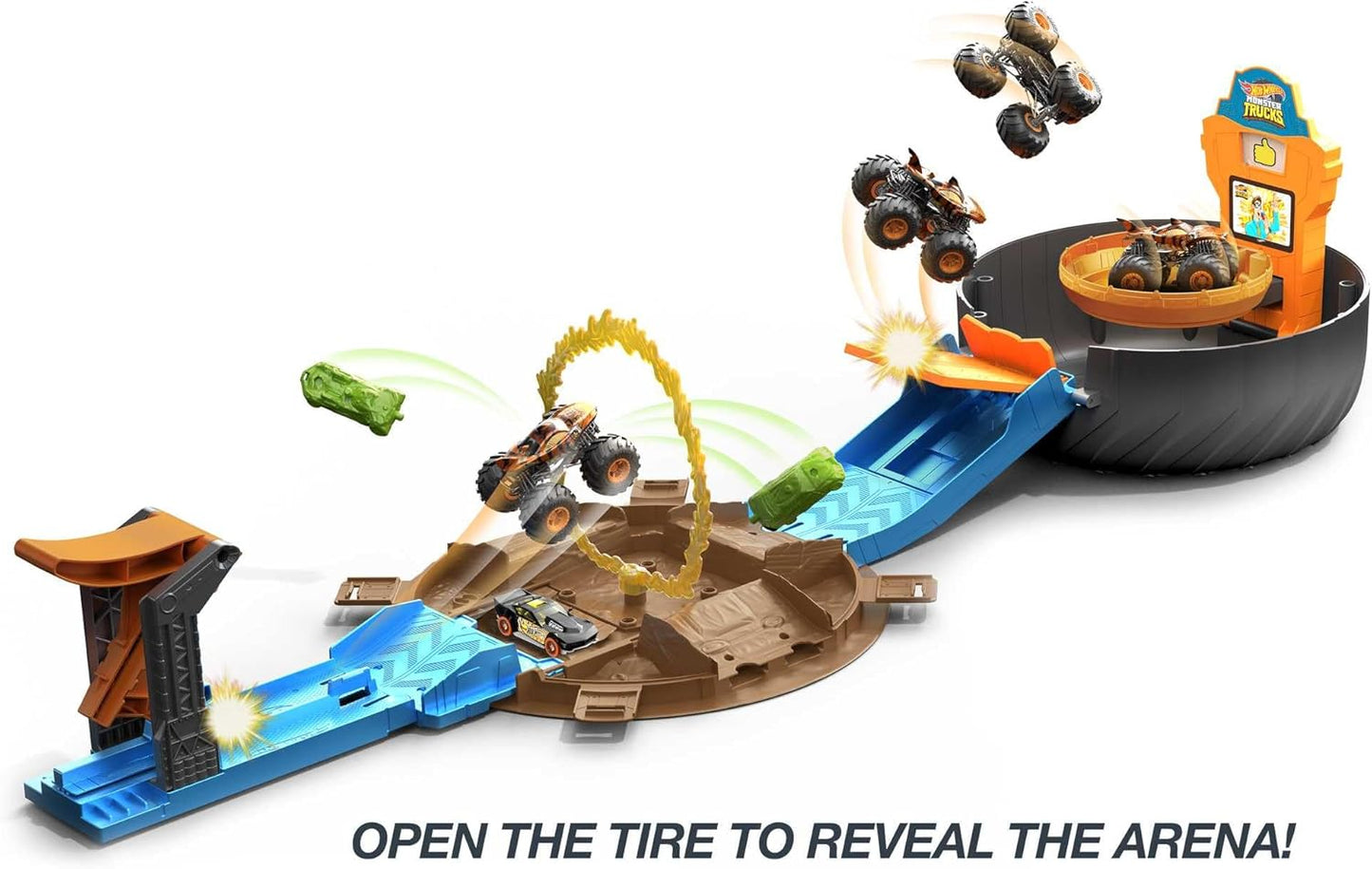 Hot Wheels Conjunto Monster Trucks Stunt Tire, inclui 3 Monster Trucks e 3 veículos em escala 1:64, presente para crianças de 4 a 8 anos, HHY74