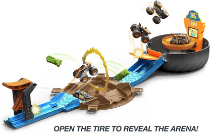 Hot Wheels Conjunto Monster Trucks Stunt Tire, inclui 3 Monster Trucks e 3 veículos em escala 1:64, presente para crianças de 4 a 8 anos, HHY74
