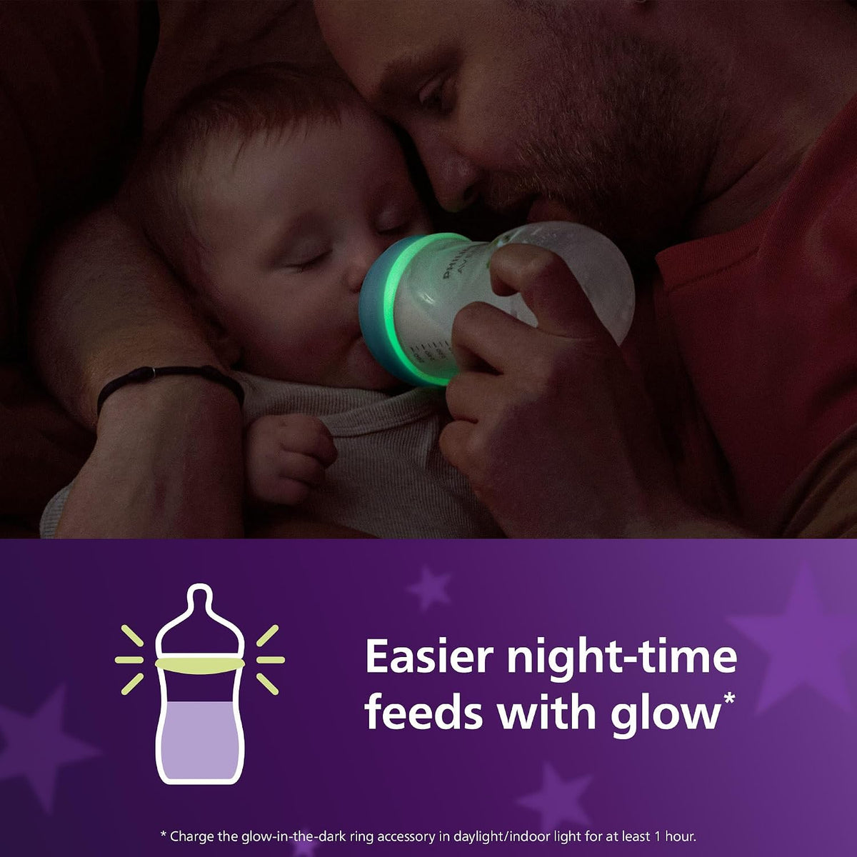Philips Mamadeira Avent Natural Response para a noite - 260 ml, com bico de fluxo médio (fluxo 3), inclui anel que brilha no escuro, estampa de bicho-preguiça, SCY903/81