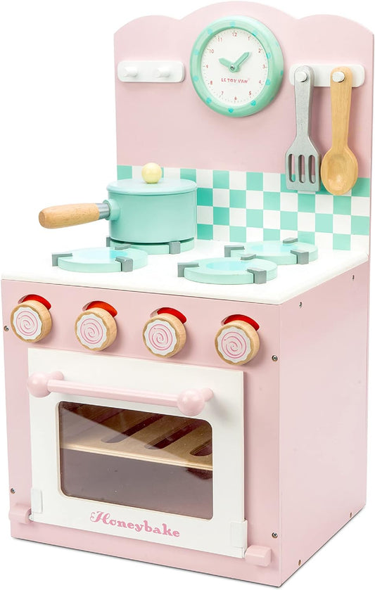 Le Toy Van - Juego educativo de horno y estufa de madera con pastel de miel rosa, juguete de cocina | Juguetes para juegos de rol Accesorios de cocina para niños y niñas