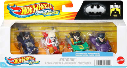 Hot Wheels RacerVerse, conjunto de 4 carrinhos de brinquedo em escala 1:64, otimizados para pistas Hot Wheels, com personagens da cultura pop como pilotos, HKD33