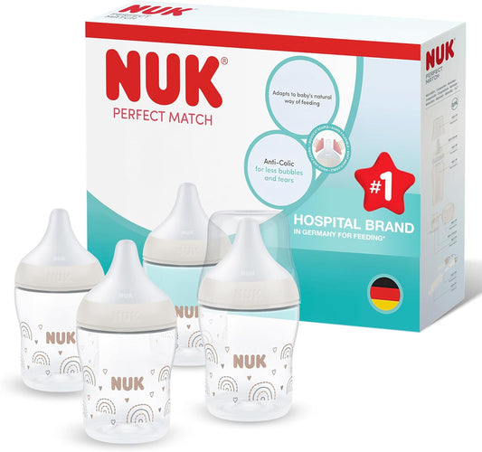 NUK Mamadeira Perfect Match | 0+ Meses | 150ml | Anticólica | PP | Indicador de Temperatura | Arco-Íris | Pacote com 4