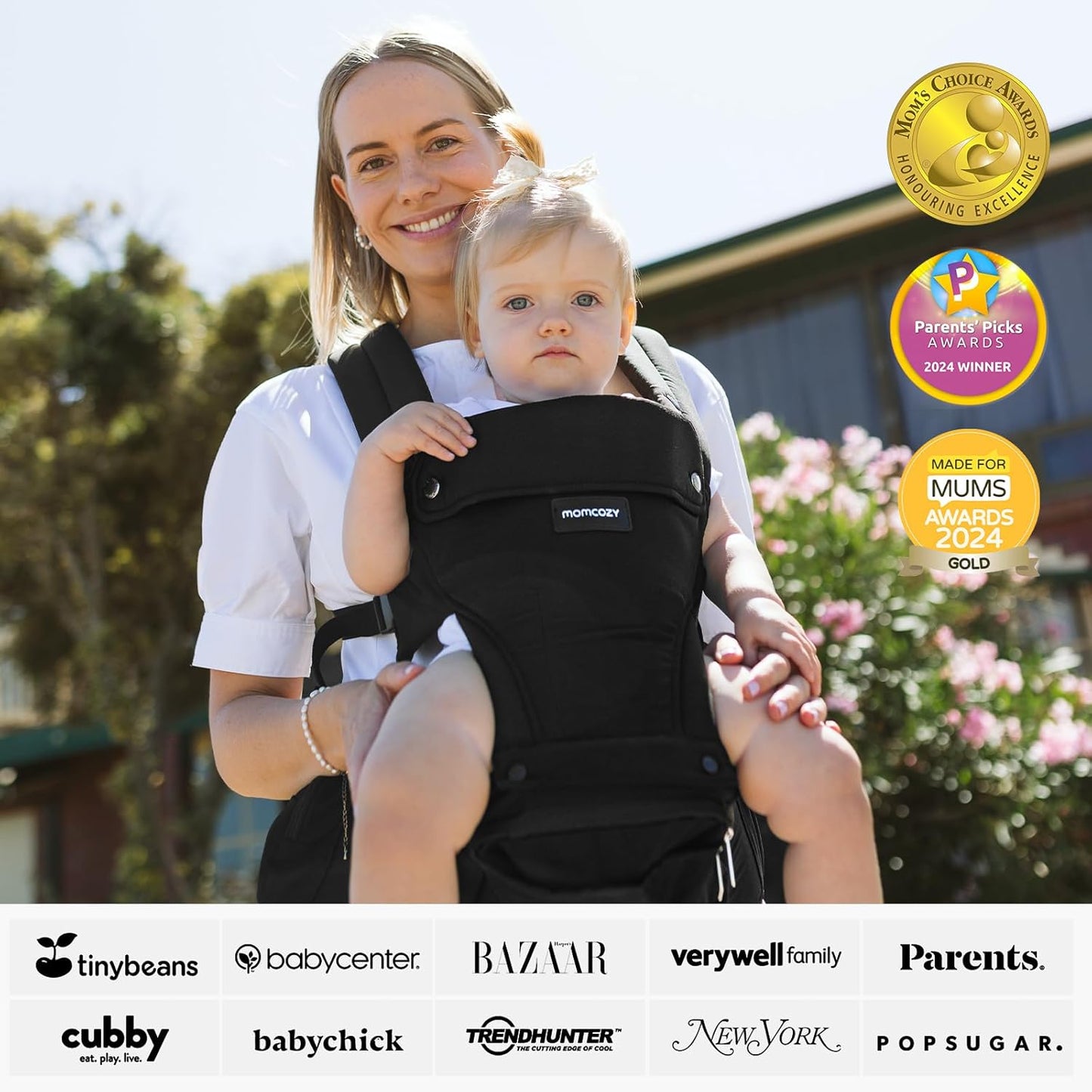 Momcozy Canguru com assento de quadril, 2 em 1 para carregar bebês ativos de frente para a rua, canguru removível para bebês de até 20 kg, canguru para crianças pequenas em todas as estações, serve para cinturas de até 120 cm, preto