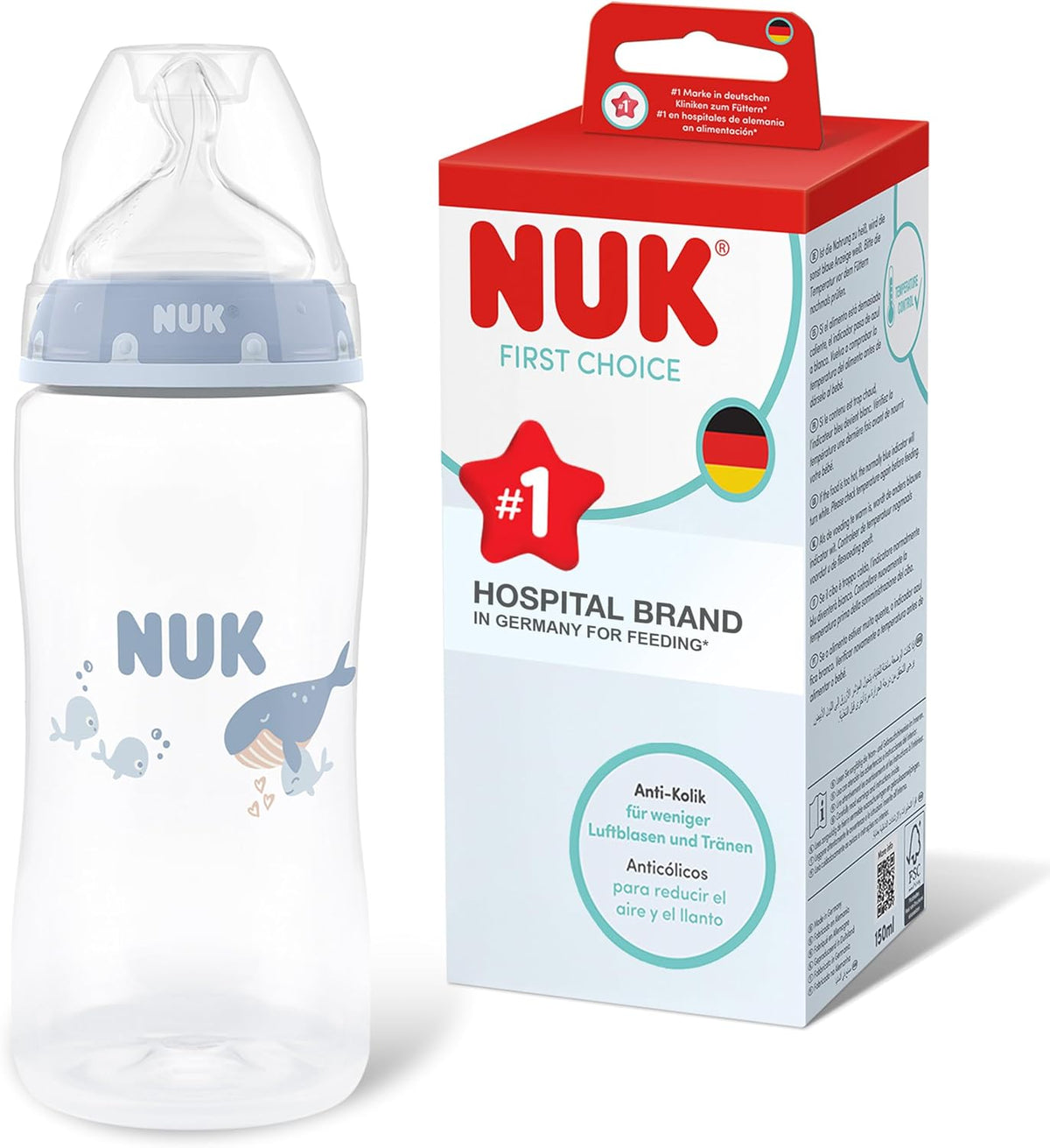 NUK Mamadeira First Choice | 3+ meses | 300 ml | Mamadeira anticólica | Polipropileno (PP) | Indicador de controle de temperatura | Baleia | 1 unidade
