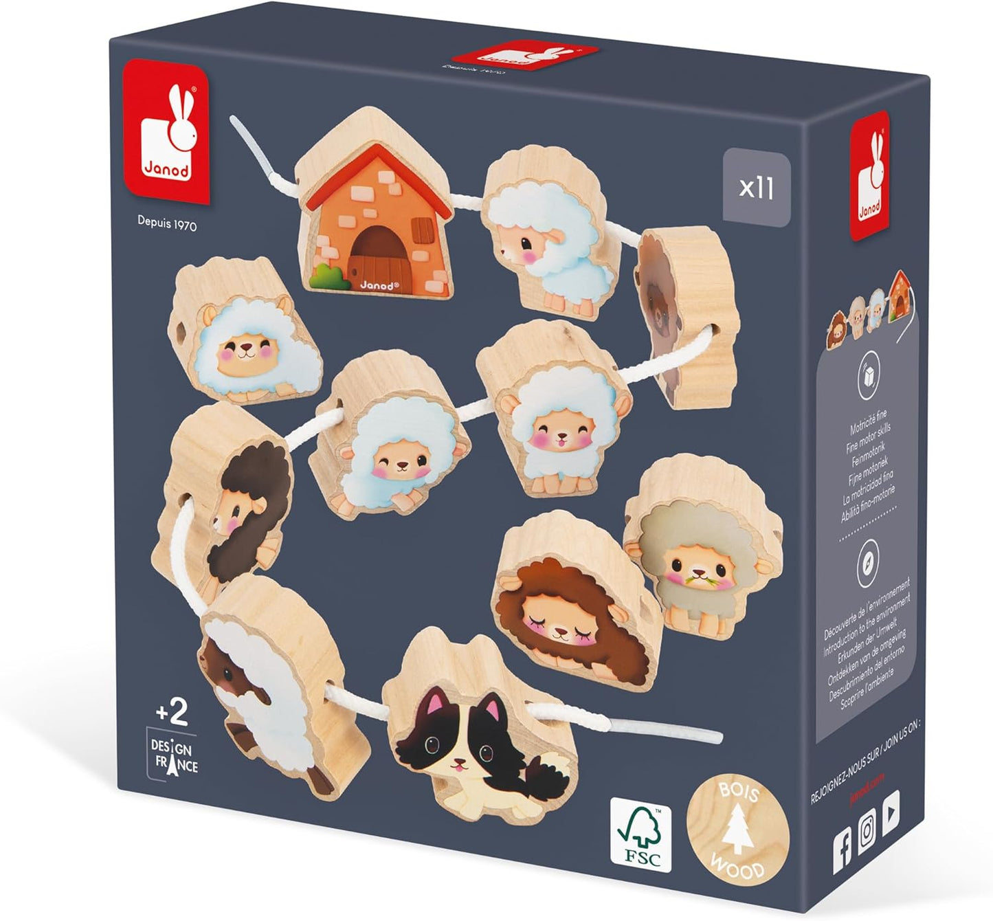 Janod - Hilo de cuentas - Tema de oveja - Juguete de aprendizaje temprano - 11 cuentas de madera + 2 asas para niños pequeños - Desarrolla la destreza - Juguete de madera FSC - 24 meses +,