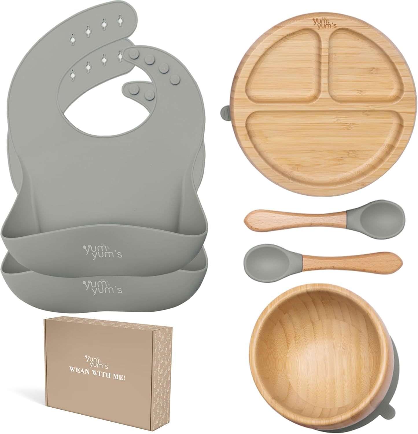 Yum Yum Conjunto com 6 peças para alimentação infantil: pratos com ventosa, pratos de bambu, tigela e colheres de madeira | Kit para introdução alimentar, tigela com ventosa, prato, babadores e conjunto de bambu para bebês.
